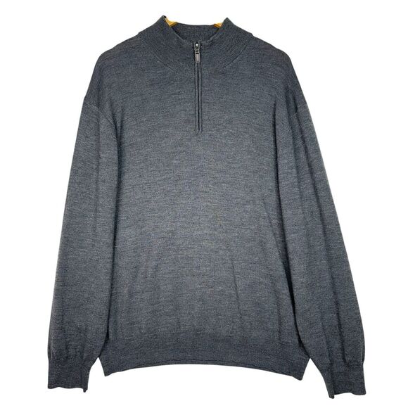 Jos A Bank Men’s XXL Sweater 100% Merino Wool Gray 1/4 Zip Suede Elbow Patch - Picture 1 of 12